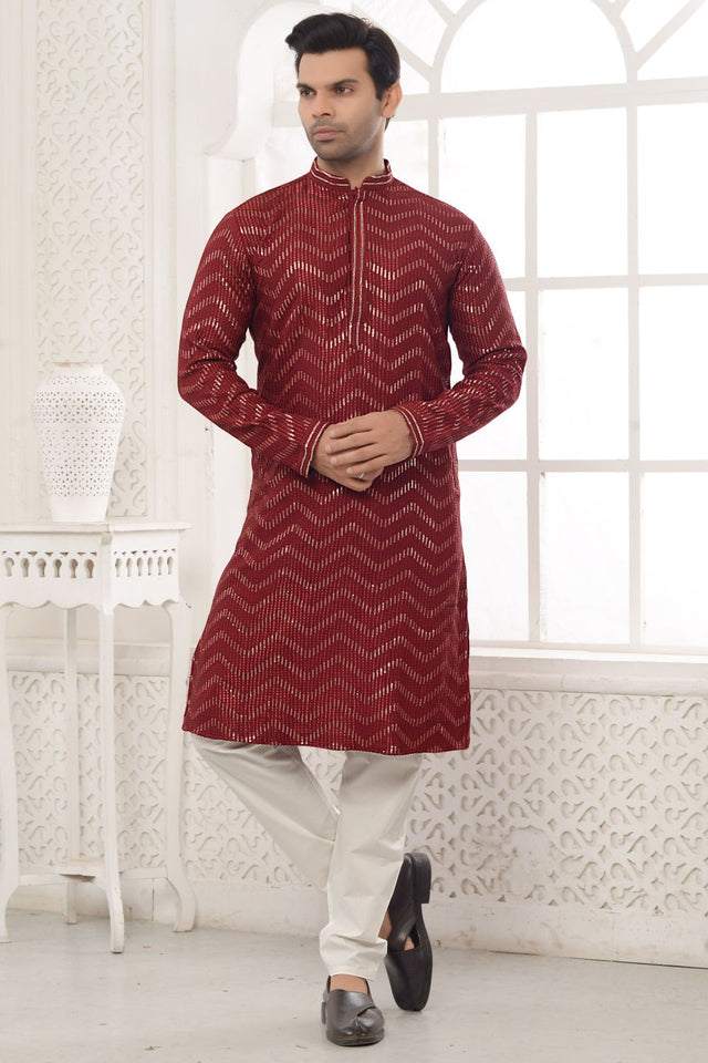 Maroon Rayon Embroidered Kurta Pajama Set