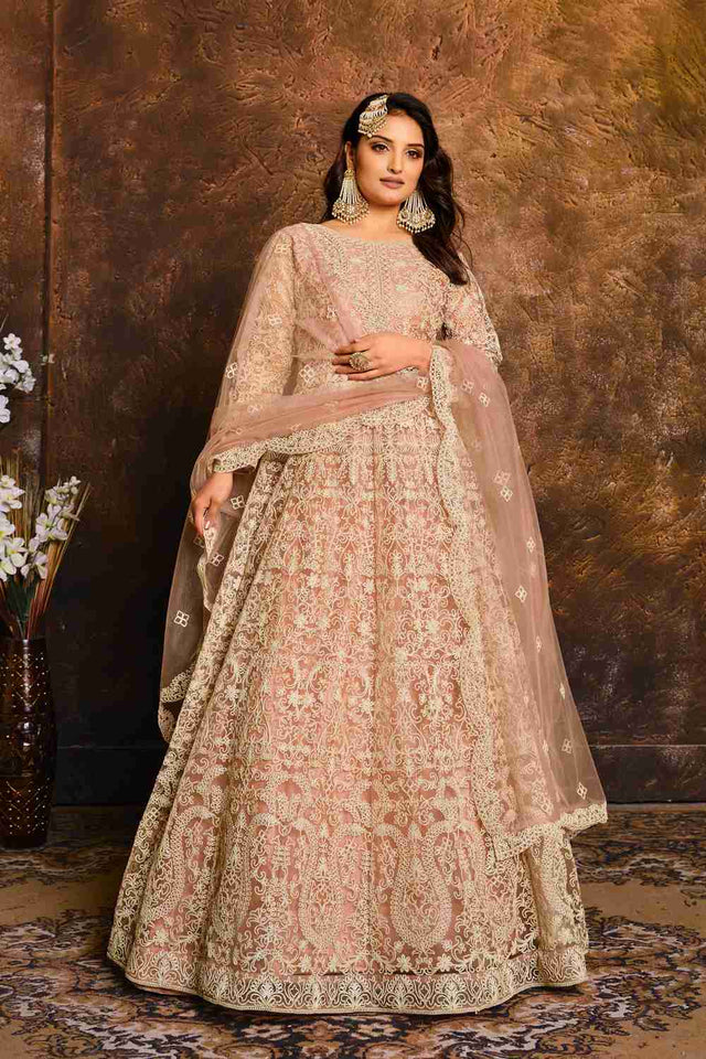 Buy Net Embroidery Dress Material in Beige