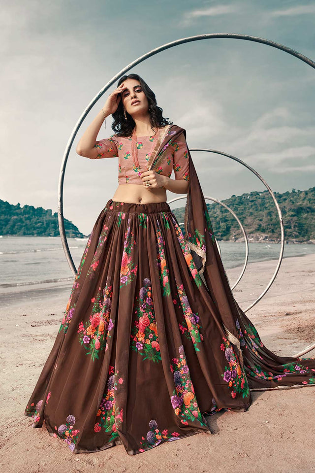 Buy Organza Floral Print Lehenga Choli in Salmon Pink