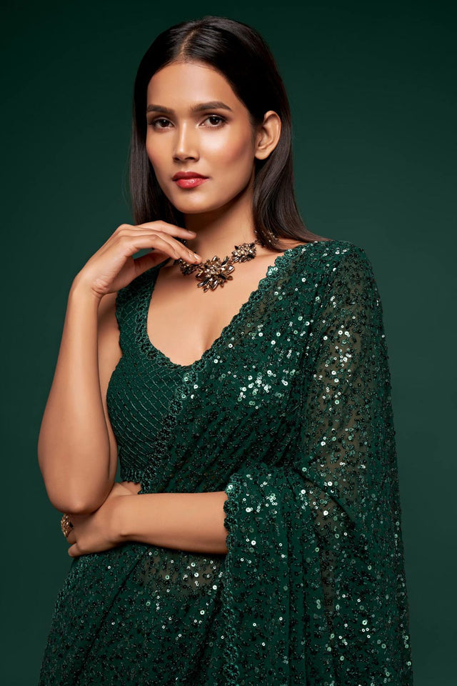 Buy Faux Georgette Green Saree Online