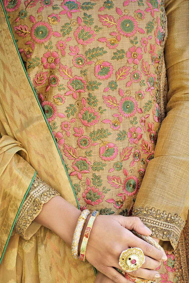 Buy Haandloom Art Silk Embroidered Dress Material in Chickoo - Front