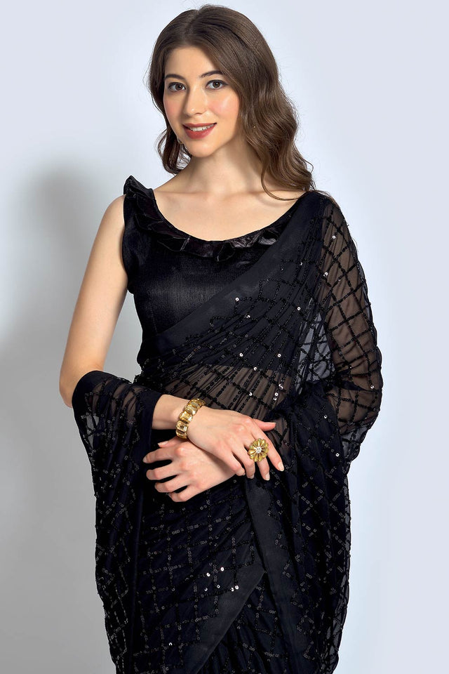 Black Georgette Sequin Saree (ACU2758)