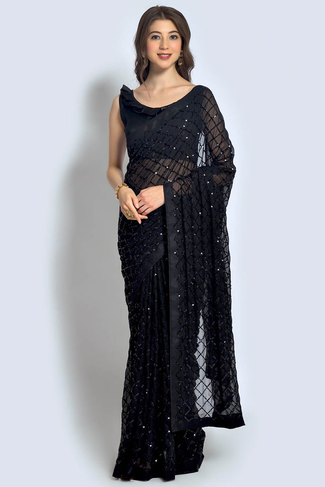 Black Georgette Sequin Saree (ACU2758)