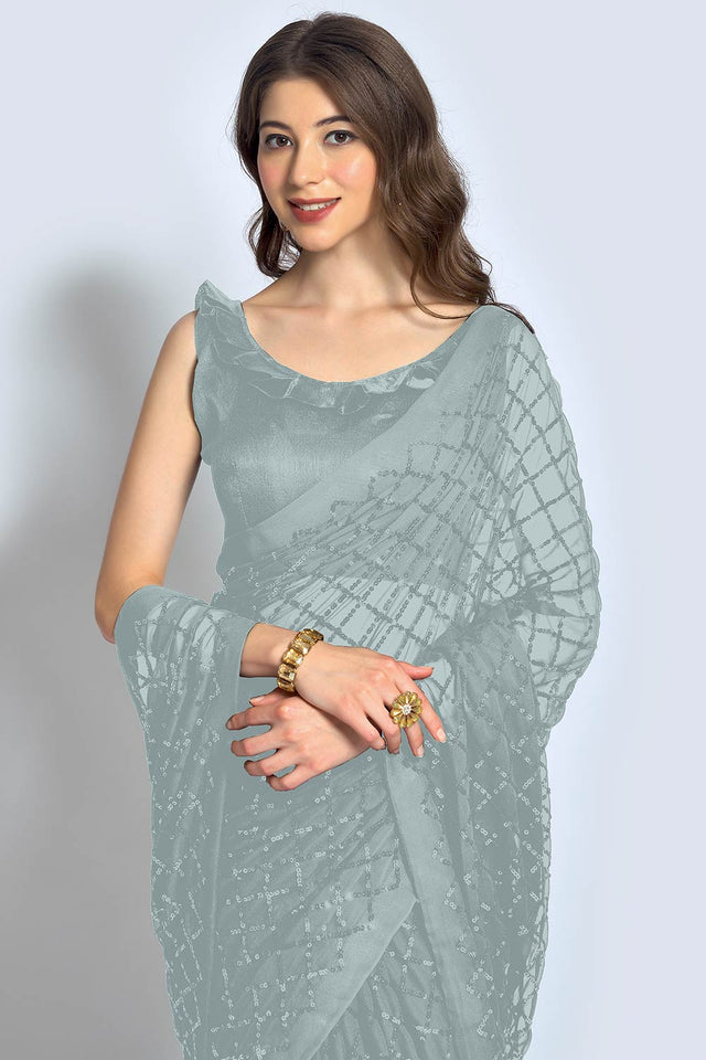 Grey Georgette Sequin Saree