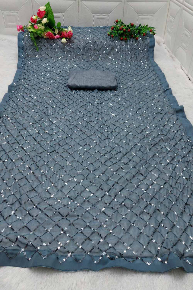 Grey Georgette Sequin Saree