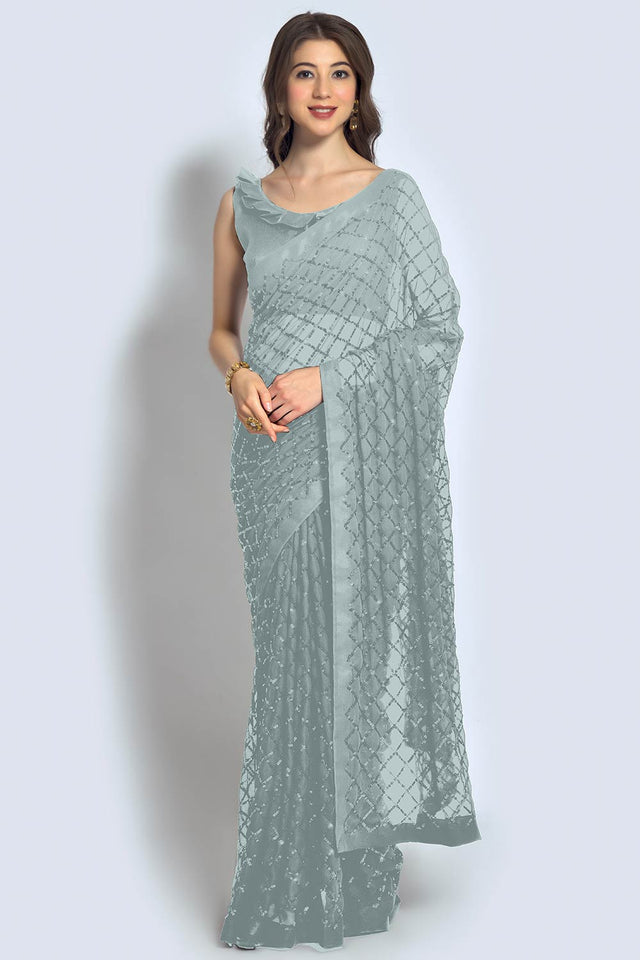 Grey Georgette Sequin Saree