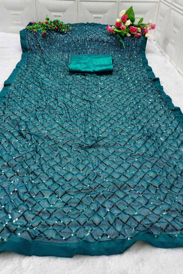 Teal Georgette Sequin Saree