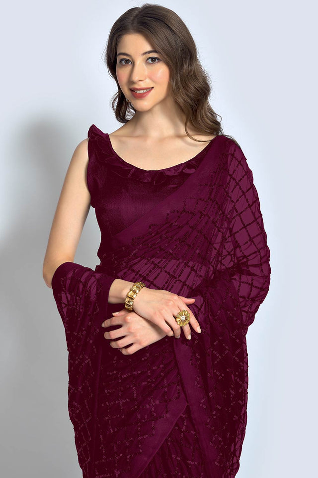 Wine Georgette Sequin Saree