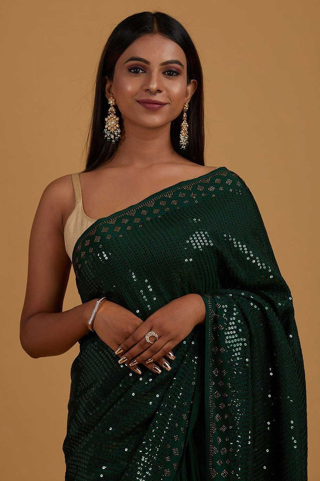 Buy Bottle Green Georgette Sequin Saree Online