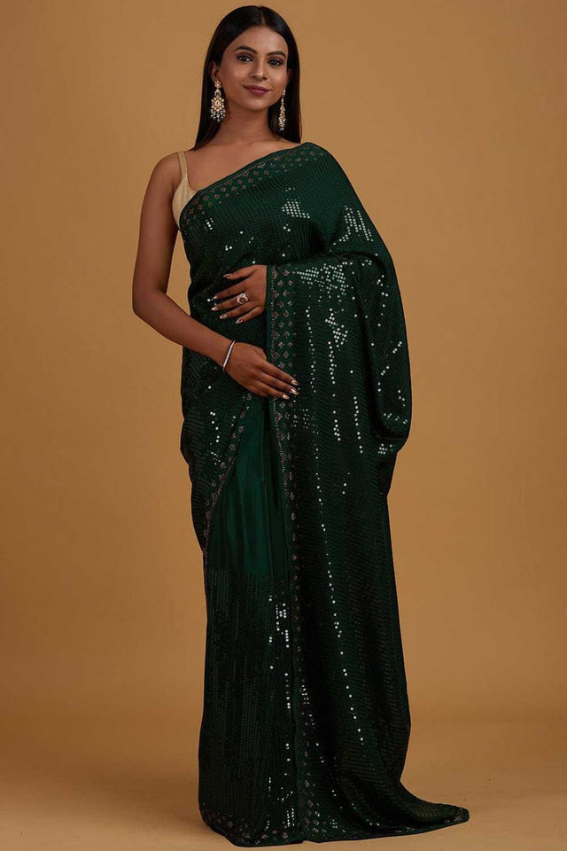 Buy Bottle Green Georgette Sequin Saree Online