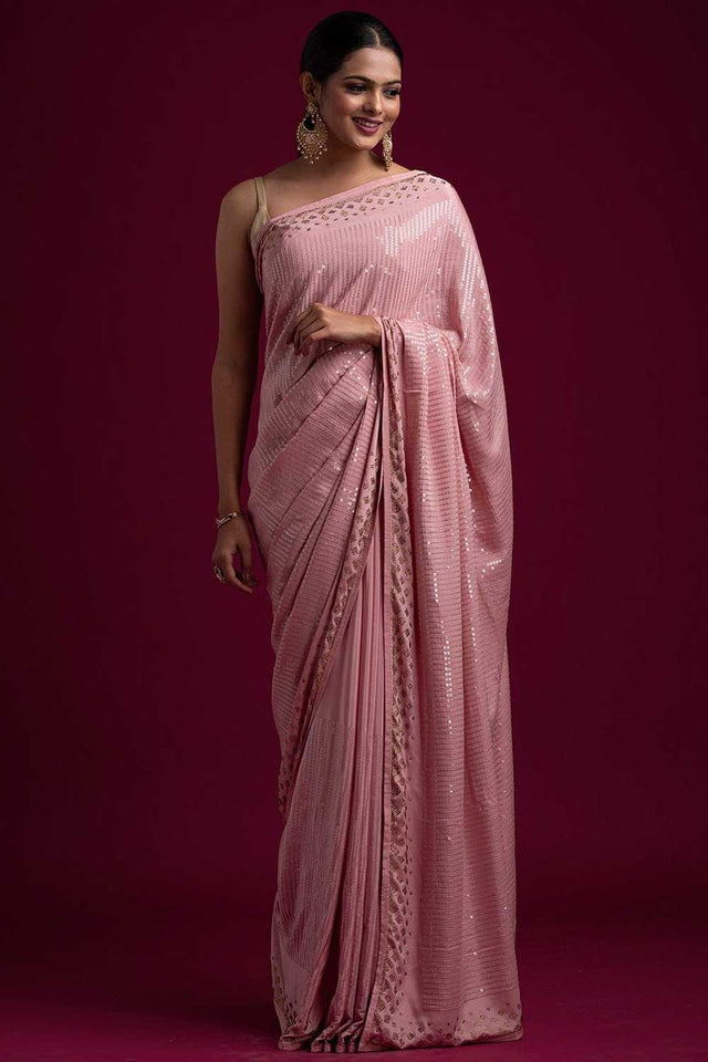 Pink Georgette Sequin Saree