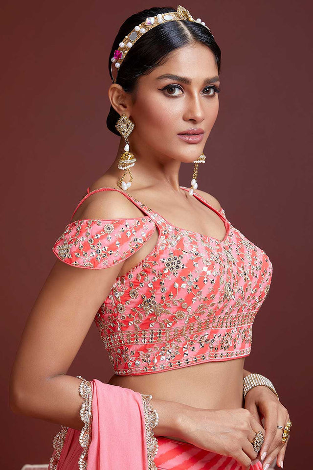 Peach Organza Zari And Sequin Embroidery Work Lehenga Choli