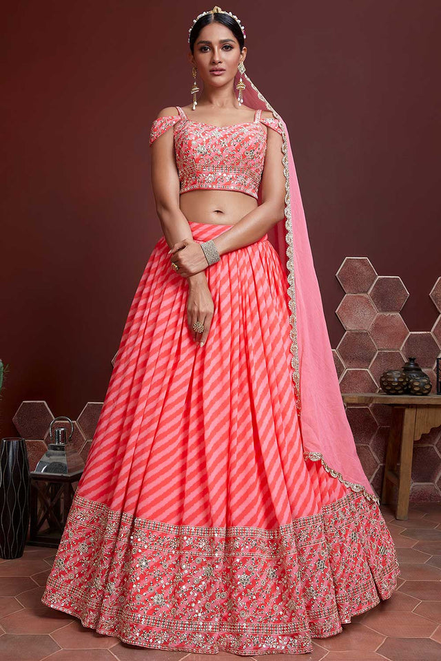 Peach Organza Zari And Sequin Embroidery Work Lehenga Choli