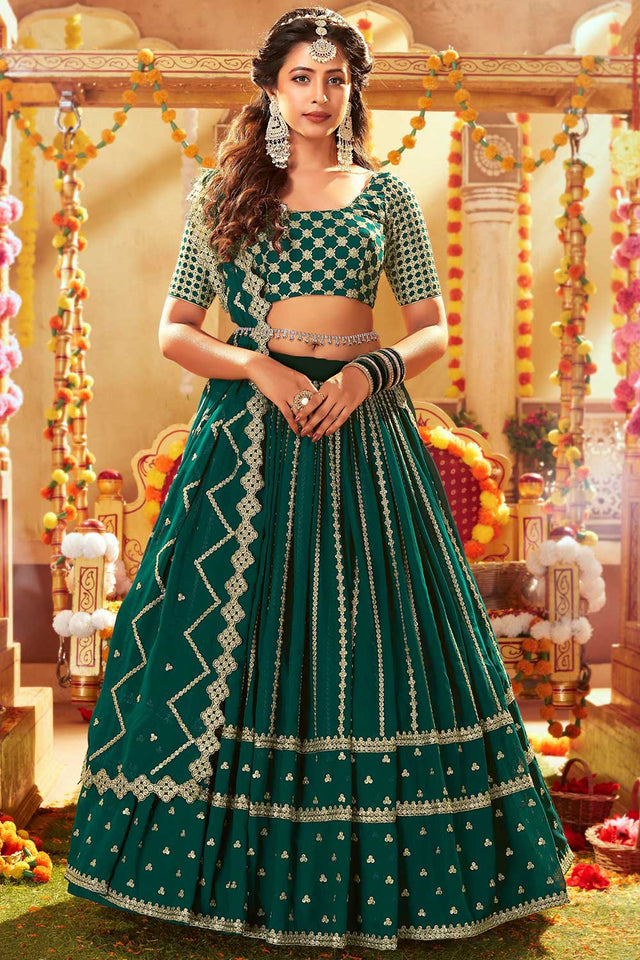 Green Faux Georgette Sequin Embroidery Work Lehenga Choli (ACU5098)