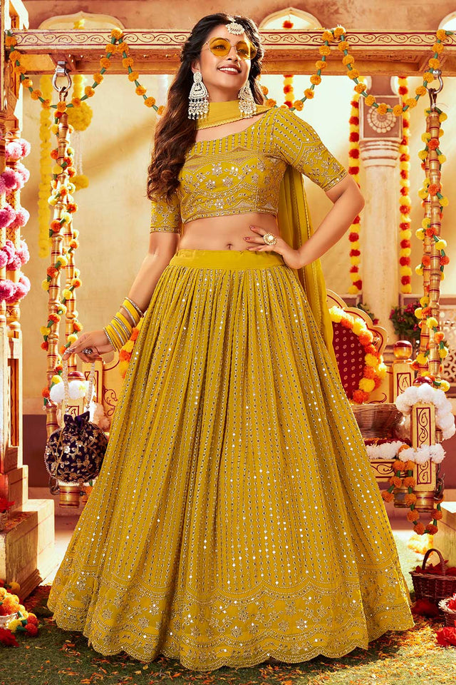Mustard Faux Georgette Sequin Embroidery Work Lehenga Choli