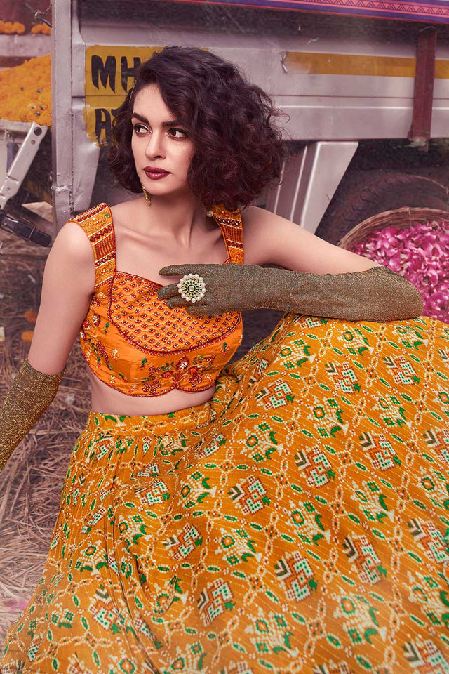 Mustard Art Silk Printed And Thread Embroidery And Work Lehenga Choli (ACU5783)