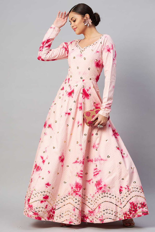 Pink Cotton Shibori Printed And Sequin Embroidery Work Gown