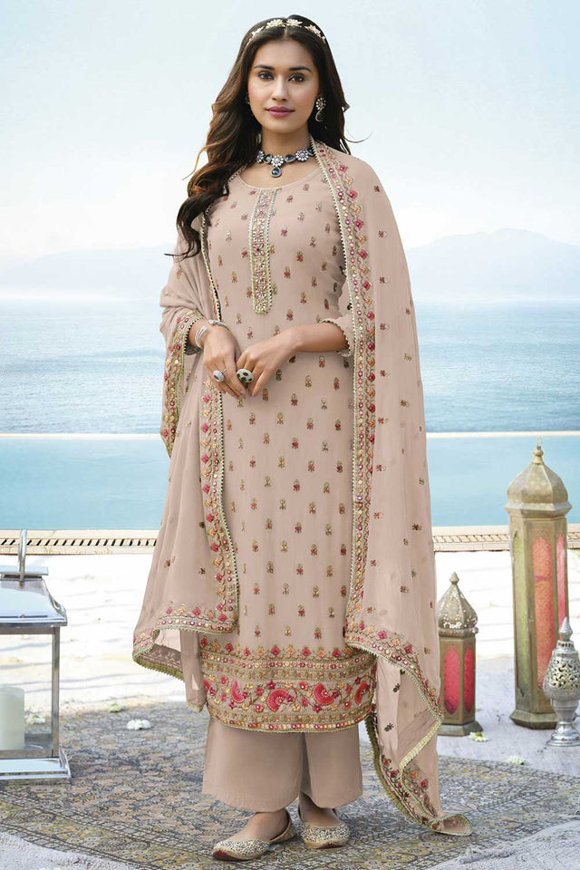 Beige Faux Georgette Embroidered Palazzo Suit Set