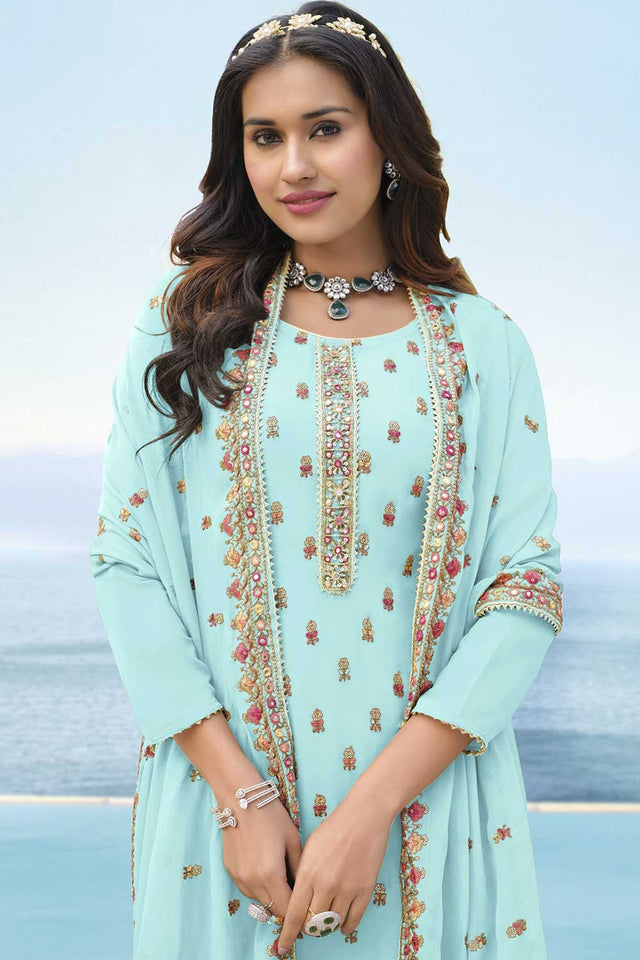 Sky Blue Faux Georgette Embroidered Palazzo Suit Set
