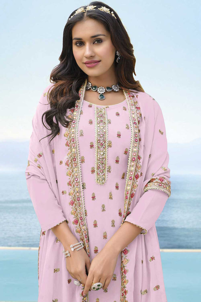 Pink Faux Georgette Embroidered Palazzo Suit Set