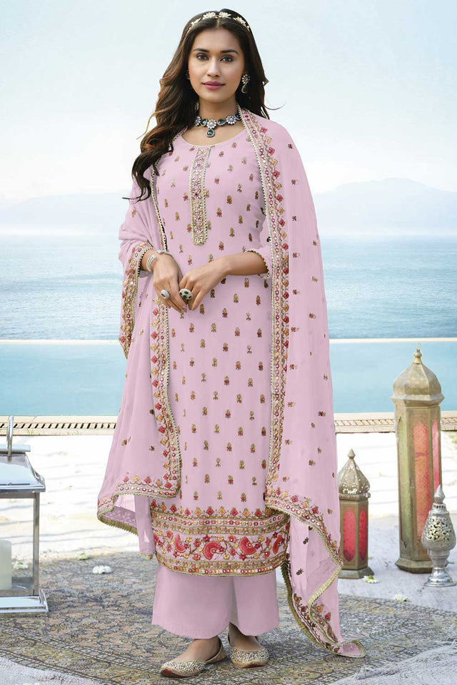 Pink Faux Georgette Embroidered Palazzo Suit Set