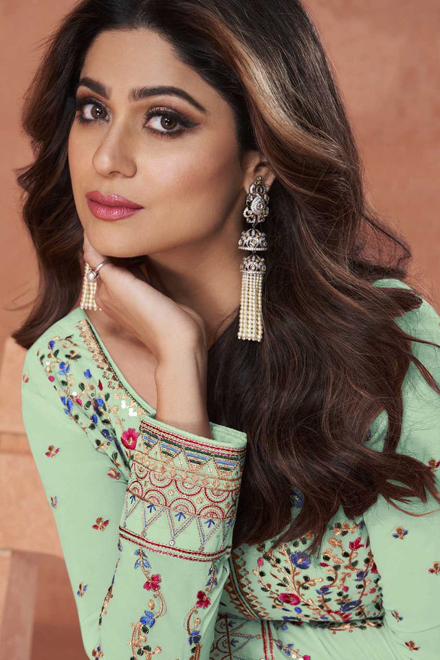 Pista Georgette Multi Thread Embroidery Work Anarkali