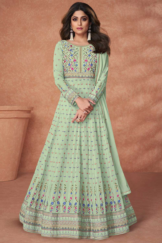 Pista Georgette Multi Thread Embroidery Work Anarkali