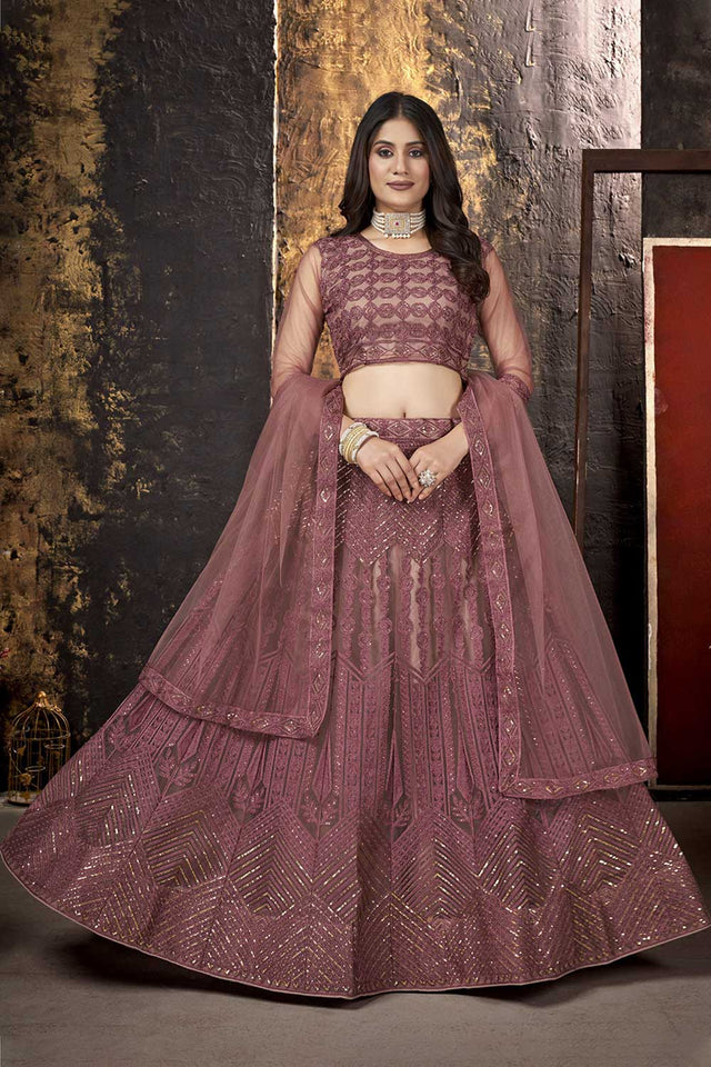 Brown Net Thread And Sequin Embroidery Work Lehenga Choli