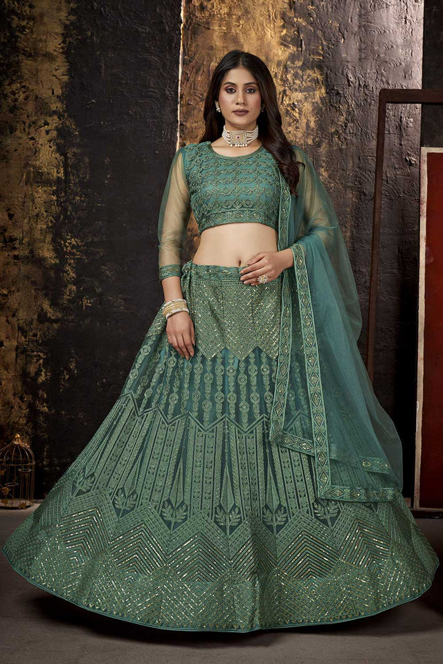 Green Net Thread And Sequin Embroidery Work Lehenga Choli