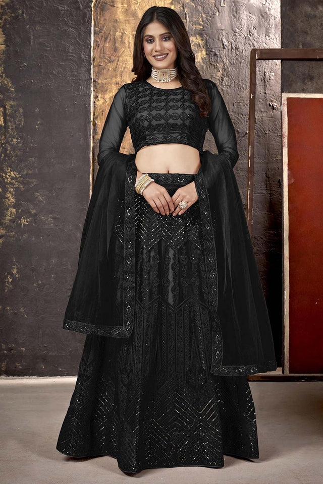 Black Net Thread And Sequin Embroidery Work Lehenga Choli