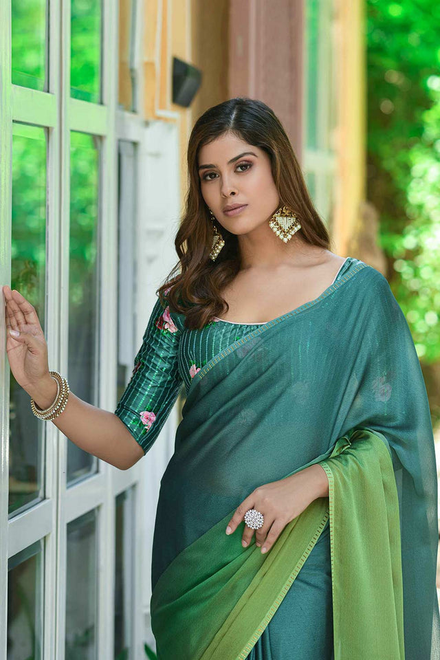 Green Chiffon Sequins Swarovski Embroidery Work Saree