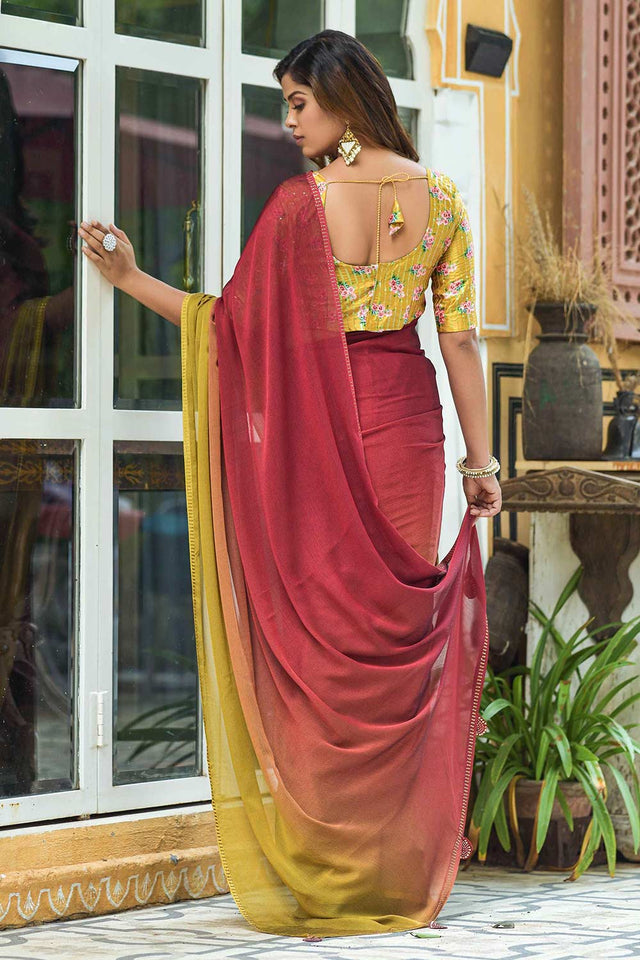 Maroon Chiffon Sequins Swarovski Embroidery Work Saree