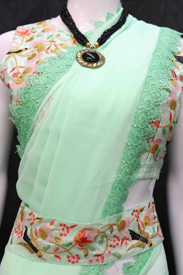 Pista Georgette Multi Thread And Sequins Embroidery Work Saree (ACU7676)