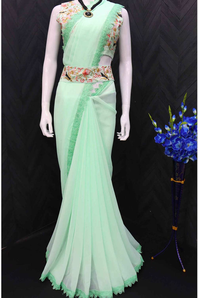 Pista Georgette Multi Thread And Sequins Embroidery Work Saree (ACU7676)