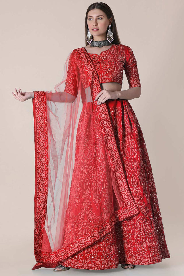 Red Taffeta Silk Thread Embroidery With Stone Work Lehenga Set