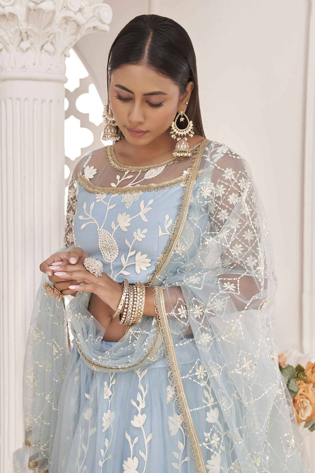 Sky Blue Butterfly Net Cotton Thread Sequin Embroidery Lehenga Set