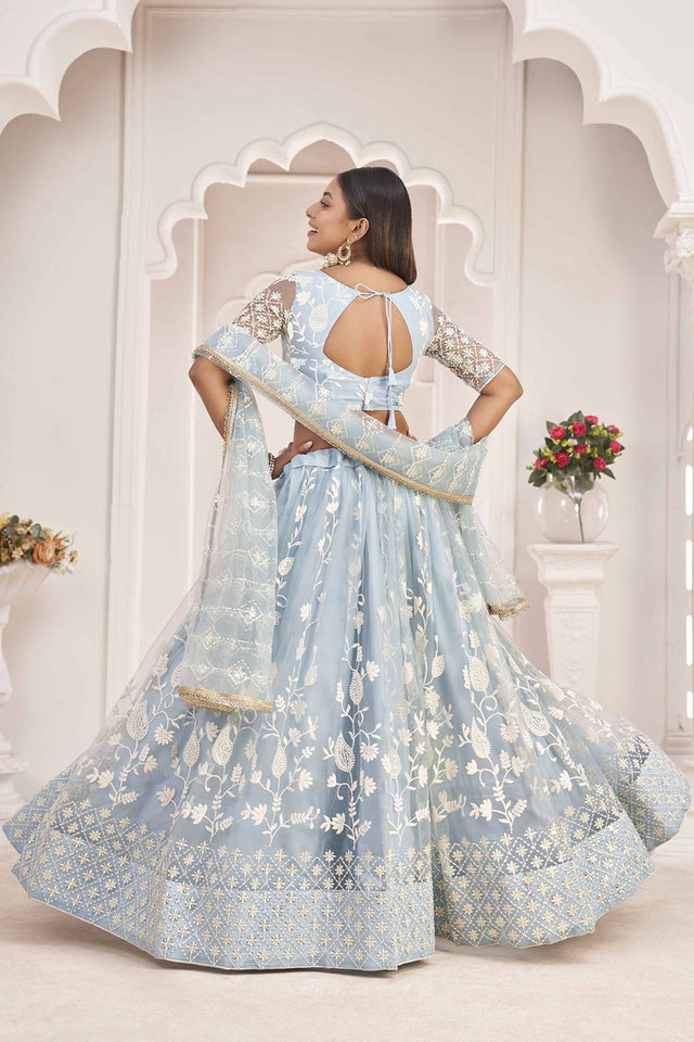 Sky Blue Butterfly Net Cotton Thread Sequin Embroidery Lehenga Set