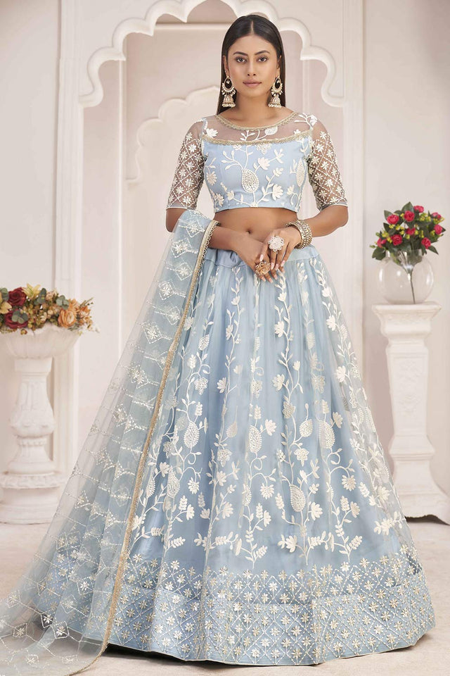 Sky Blue Butterfly Net Cotton Thread Sequin Embroidery Lehenga Set