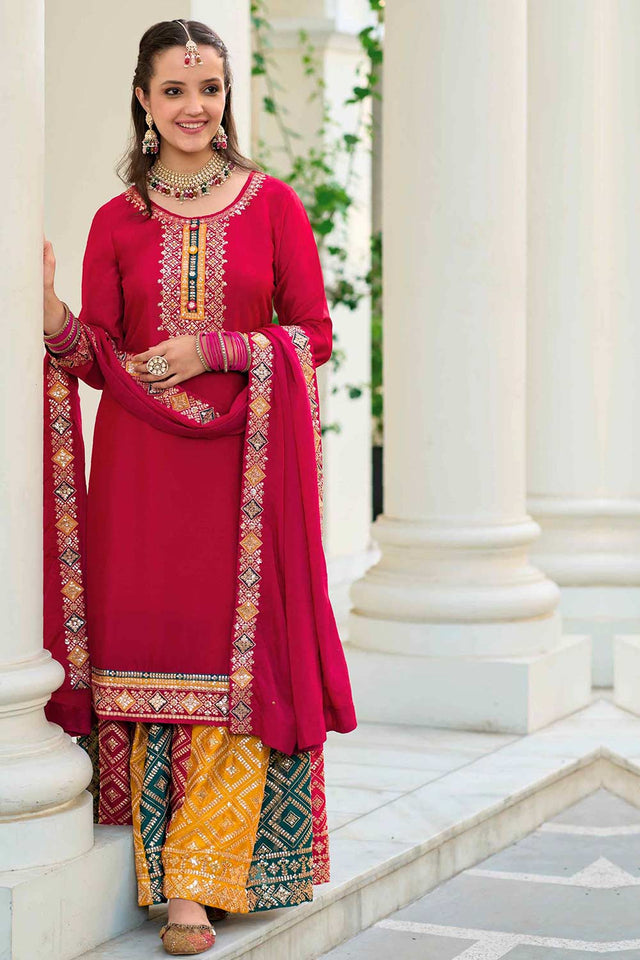 Red Georgette Embroidered Palazzo Suit Set
