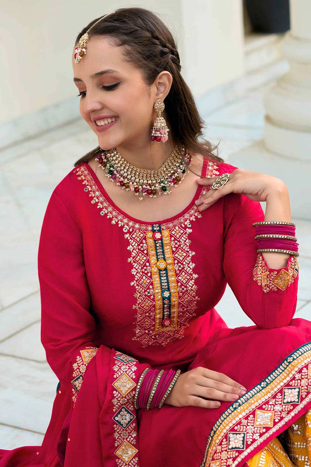 Red Georgette Embroidered Palazzo Suit Set