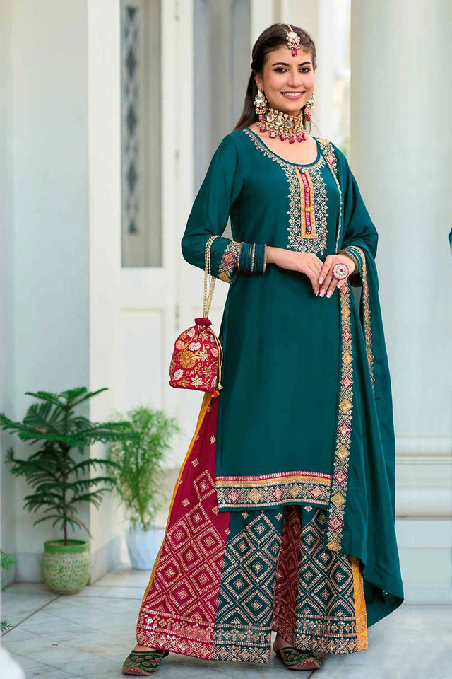 Teal Georgette Embroidered Palazzo Suit Set