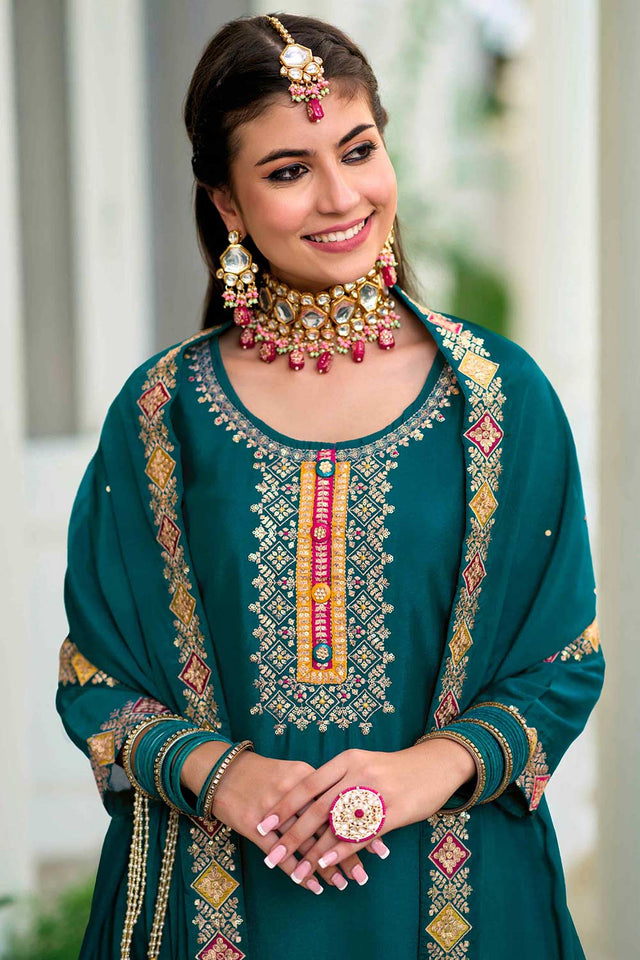 Teal Georgette Embroidered Palazzo Suit Set