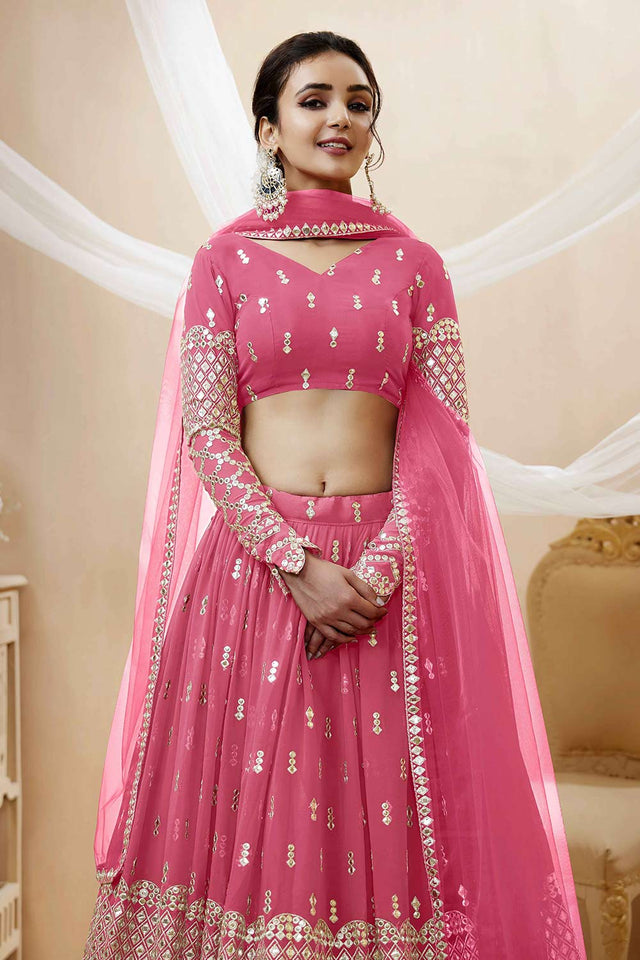 Pink Georgette Sequins Embroidered Lehenga Set