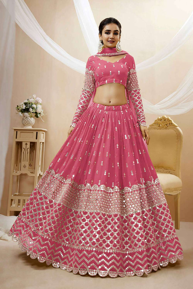Pink Georgette Sequins Embroidered Lehenga Set