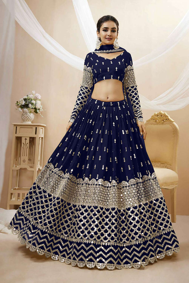 Navy Blue Georgette Sequins Embroidered Lehenga Set