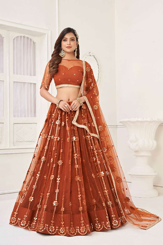 Brown Net Sequin Embroidered Lehenga Set (ACW7500)