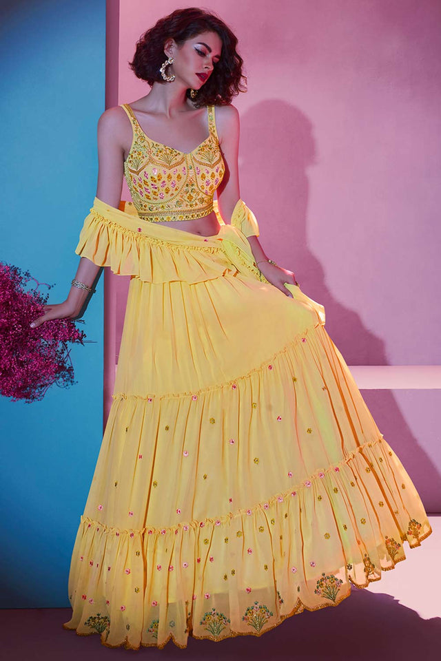 Yellow Georgette Thread Embroidered Lehenga Set (ACW7694)