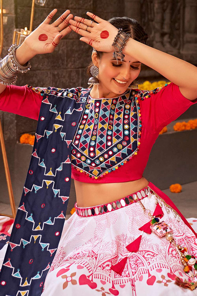 White Rayon Mirror And Thread Embroidered Lehenga Set (ACW7791)
