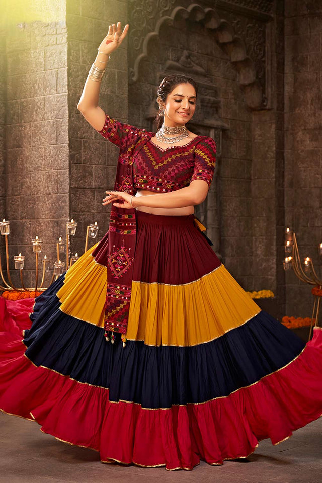 Multi Viscose Rayon Mirror And Thread Embroidered Lehenga Set (ACW7792)