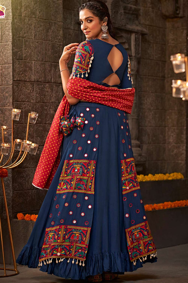 Blue Viscose Rayon Mirror And Thread Embroidered Lehenga Set (ACW7794)
